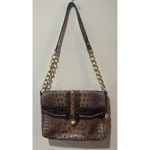 BRAHMIN Purse Croc Embossed Leather Shoulder Handbag Brown Green Chain Turn Lock - Picture 2 of 16